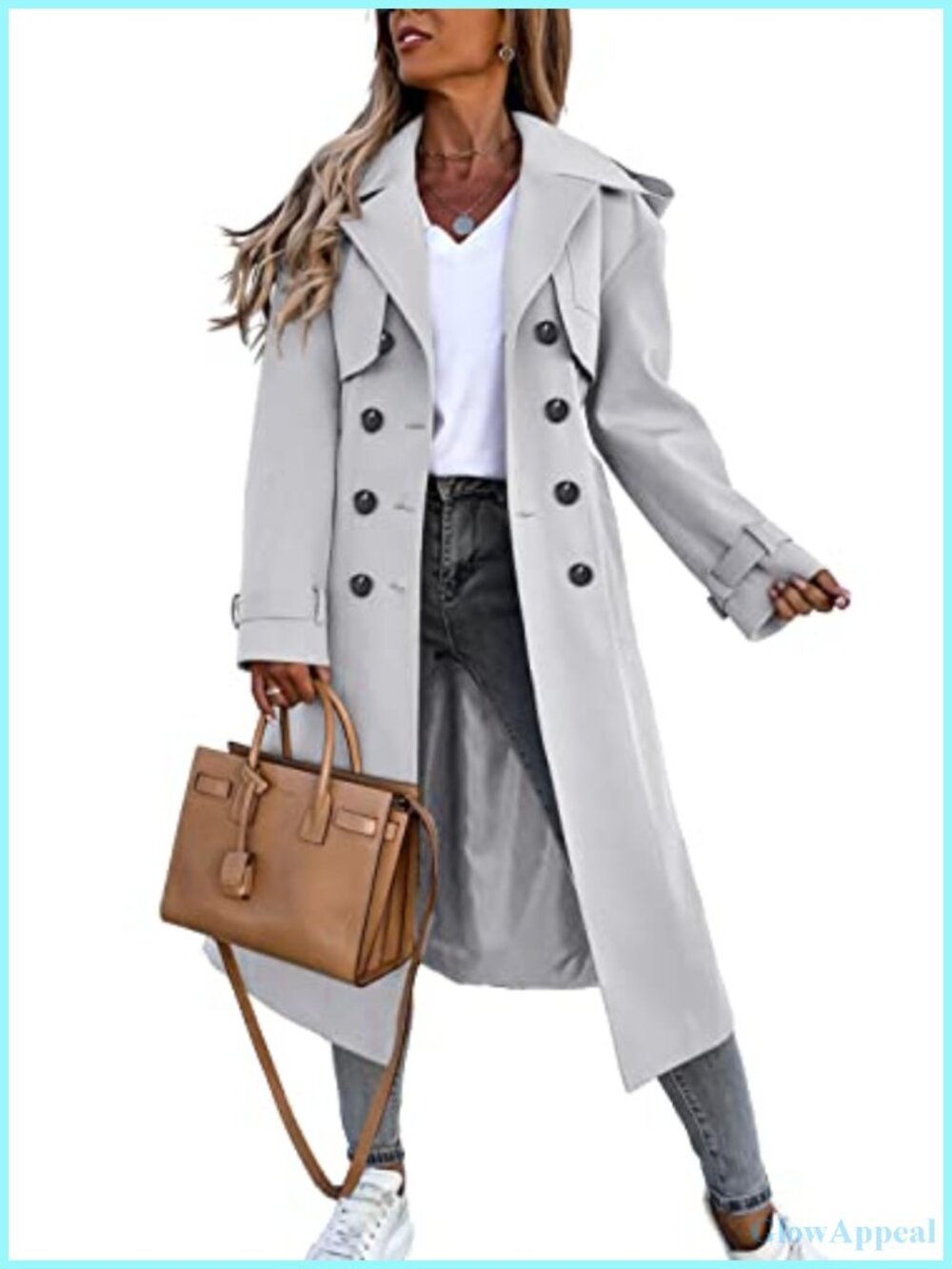 Women's Double Breasted Long Trench Coat Windproof Classic Lapel Belted
